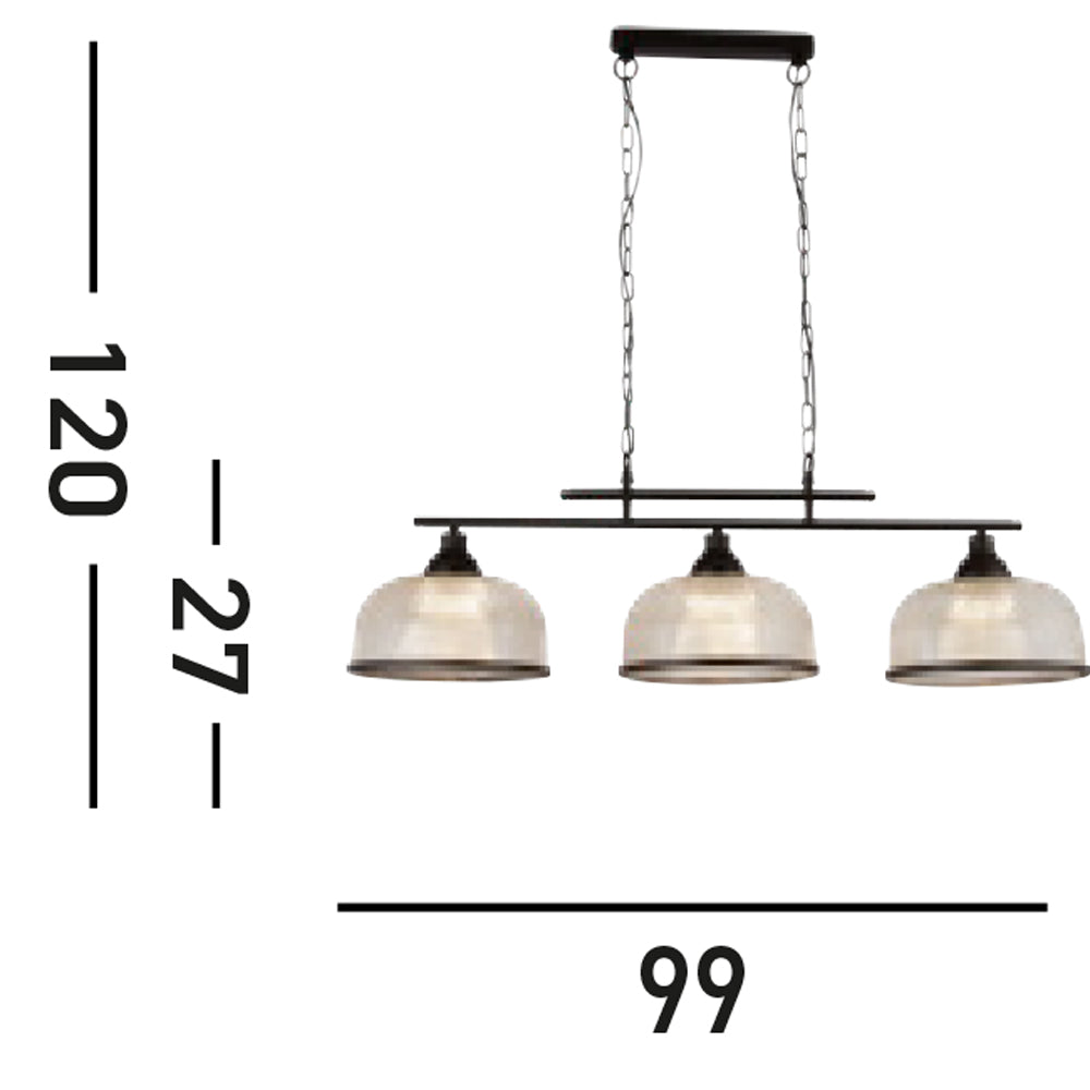 Lampadario Rustico-Country Highworth Acciaio Bianco Vetro Nero 3 Luci E27