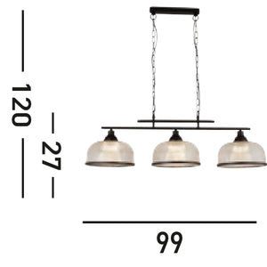 Lampadario Rustico-Country Highworth Acciaio Bianco Vetro Nero 3 Luci E27