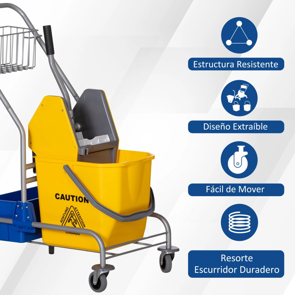 Carrello Pulizia con 2 Secchi 25L Scopa e Scaffali ¨C zephmum ¨C Giallo 72x49,5x95 cm