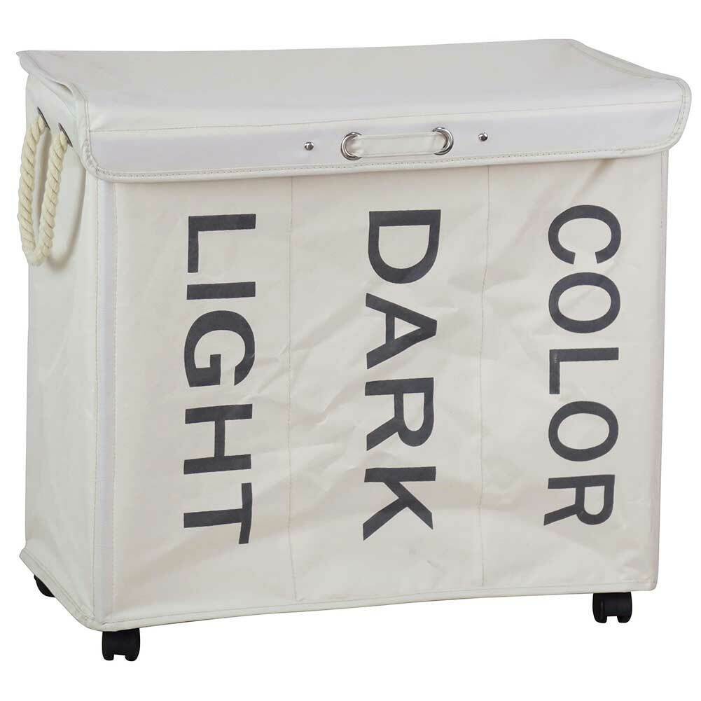 Cesto Biancheria 3 Scomparti Portabiancheria Pieghevole Tessuto con Ruote Panna