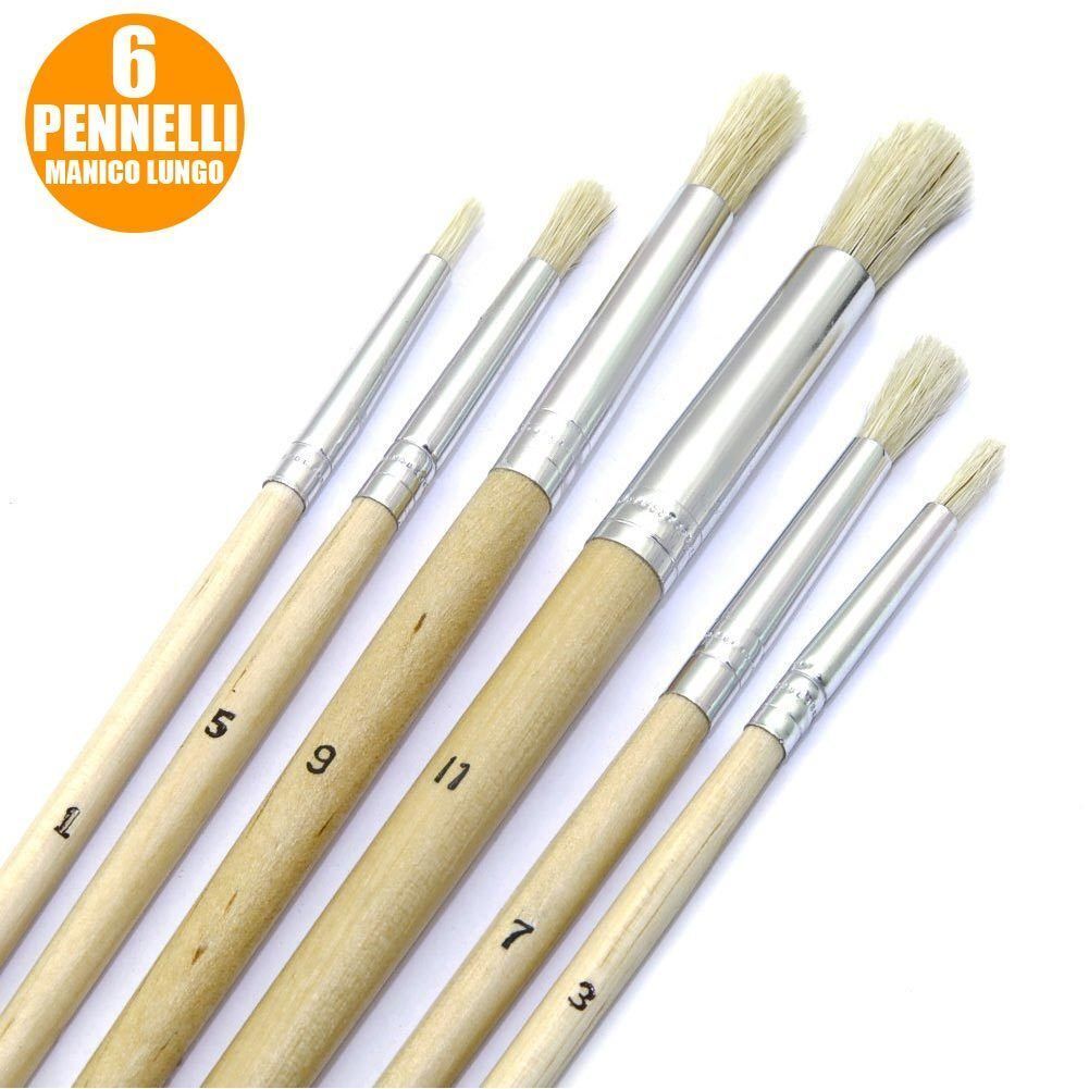 Set 6 Pennelli Piatti Manico Legno Lungo Vari Spessori Hobby Pittura Artico