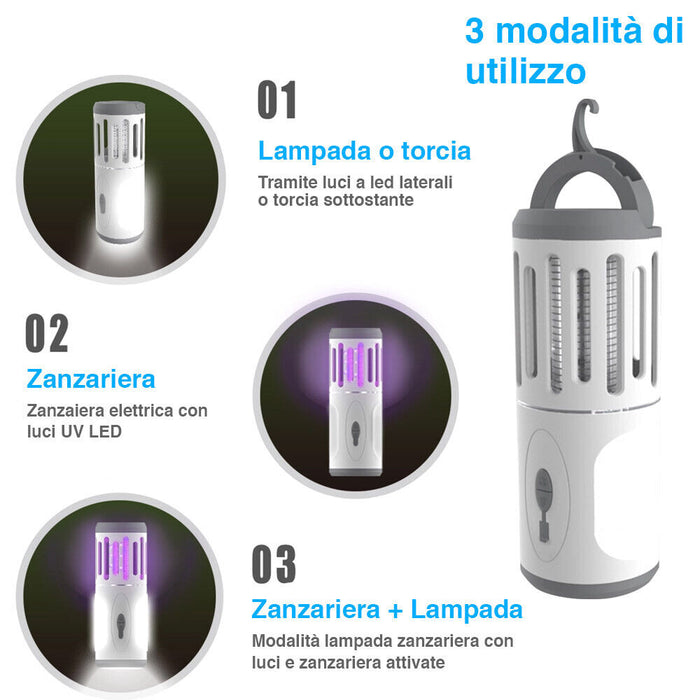 Zanzariera Elettrica Lampada Torcia LED Campeggio Anti Zanzar Batteria Litio USB