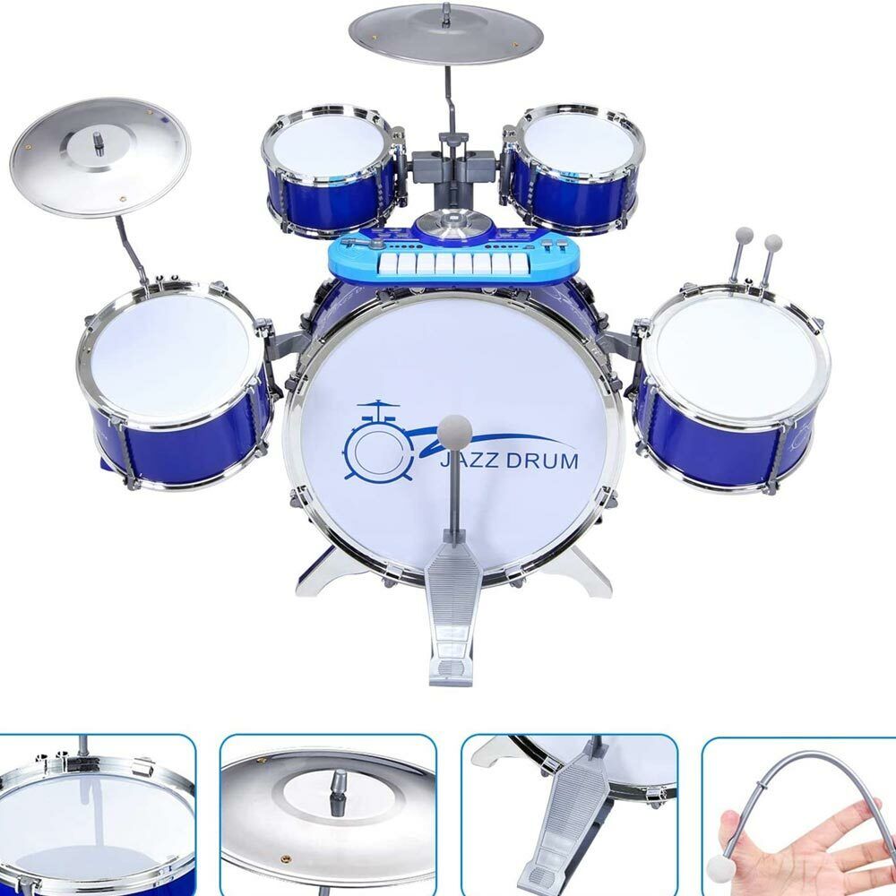 Batteria Musicale Giocattolo con Microfono Pianola Piatto DJ e Lettore MP3 Blu