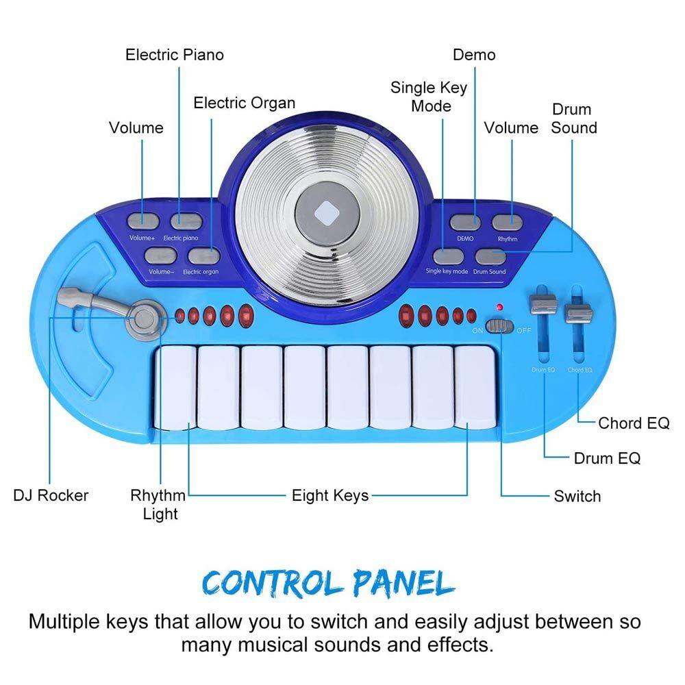 Batteria Musicale Giocattolo con Microfono Pianola Piatto DJ e Lettore MP3 Blu