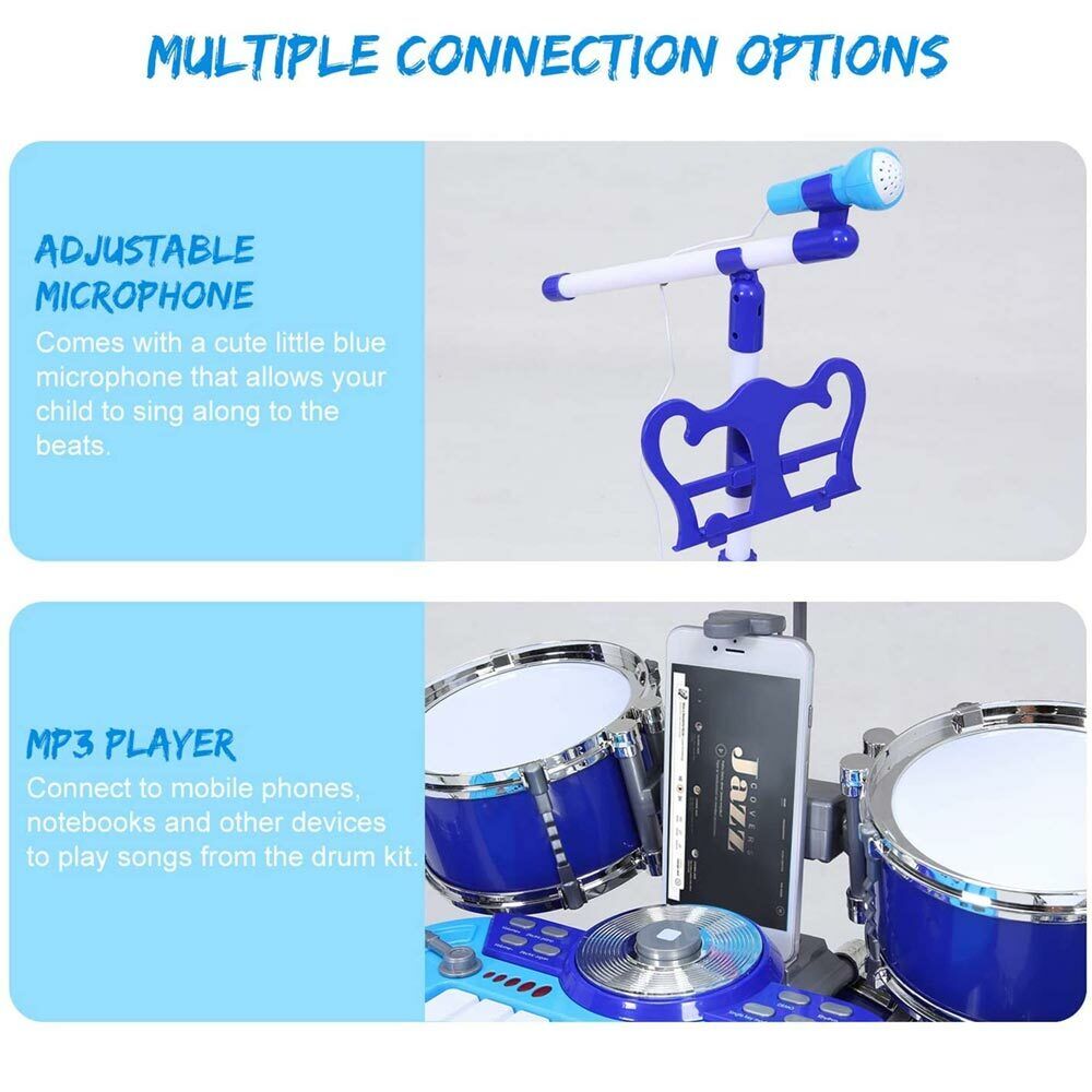 Batteria Musicale Giocattolo con Microfono Pianola Piatto DJ e Lettore MP3 Blu