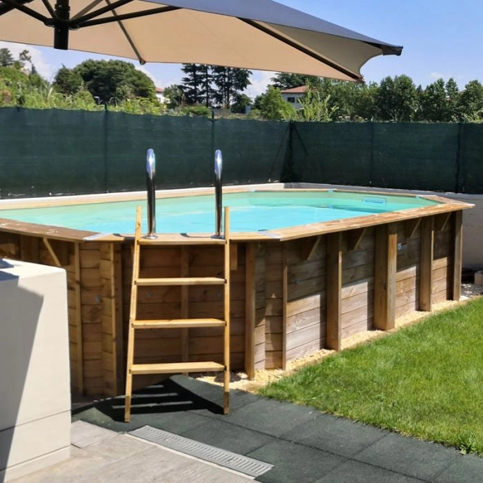 Piscina In Legno Ottagonale Northwood 490 - 4,90 X 3,55 H1,30 M - Liner Blue