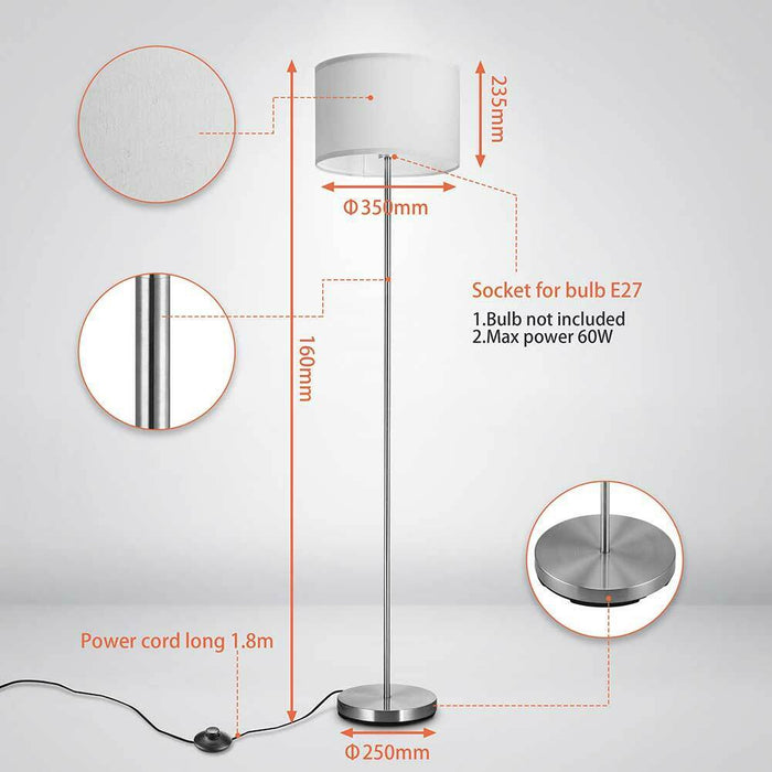 Lampada Piantana da Terra 160cm Design Moderno Paralume E27 60W Tessuto Bianco