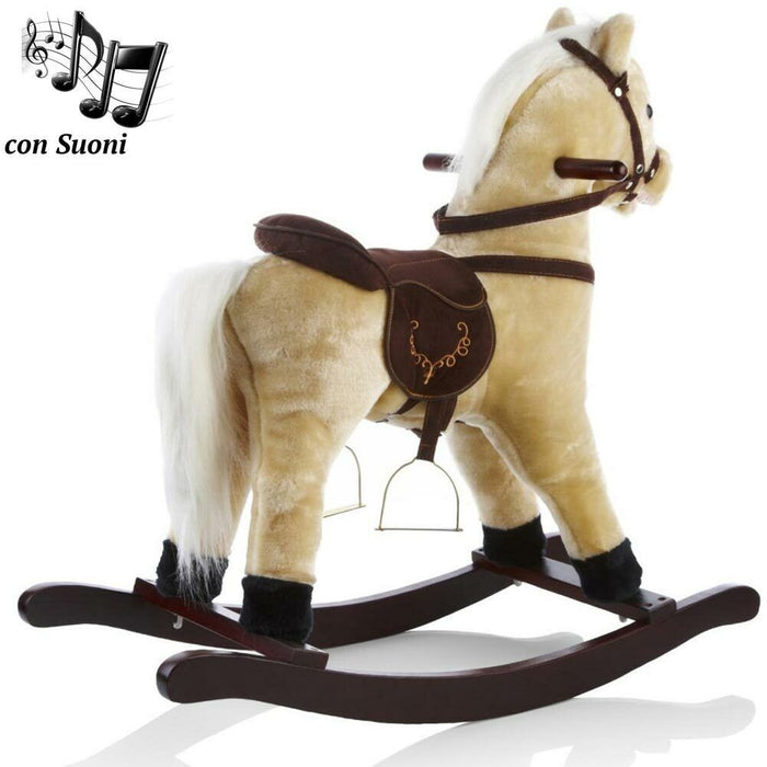 Cavallo a Dondolo Beige Con Suoni Realistici Legno e Peluche Bambini Infanzia