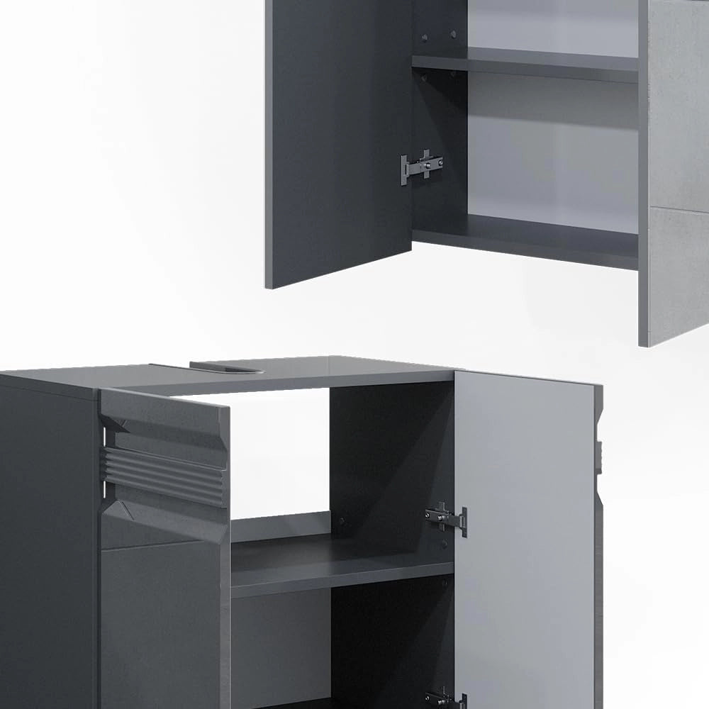 Set mobili bagno Fredd, Antracite lucido, 56 cm, composto da mobile lavabo, pensile a specchio, colonna e base media