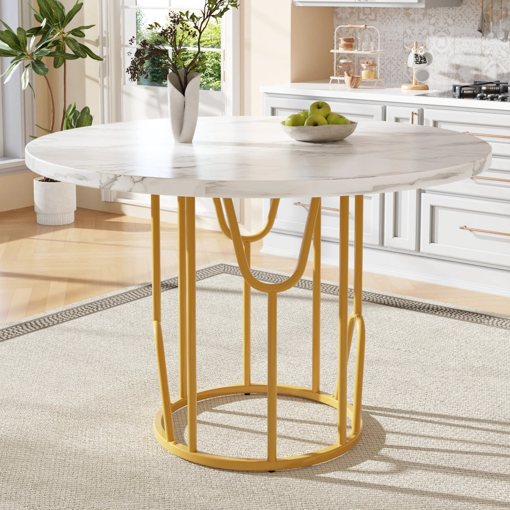 Tavolo da pranzo rotondo 80x80x76 cm in MDF e metallo; gambe oro; stile classico