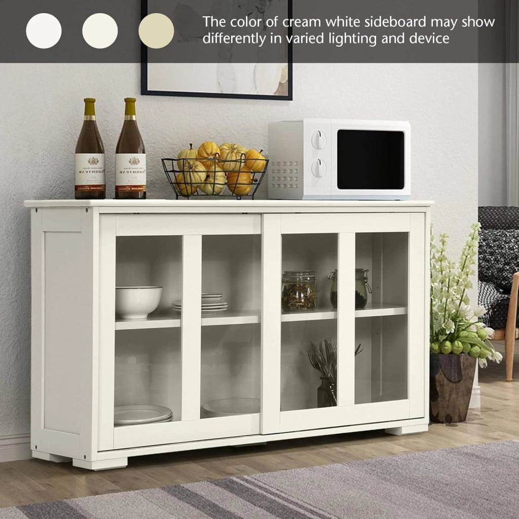 Credenza e Buffet Multiuso, a 3 Ripiani, Mensola Regolabile, 2 Ante Scorrevoli Trasparenti, Mobiletto Legno per Cucina, Soggiorno, Sala da Pranzo, 106,5x33x62,5 cm,Bianco Crema(Beige)