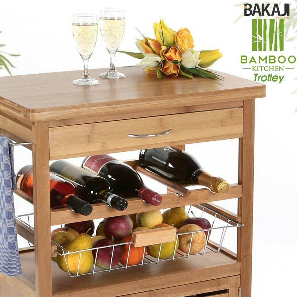 Carrello Cucina in legno BAMBU con Portabottiglie Cassetto Posate Cesto Acciaio