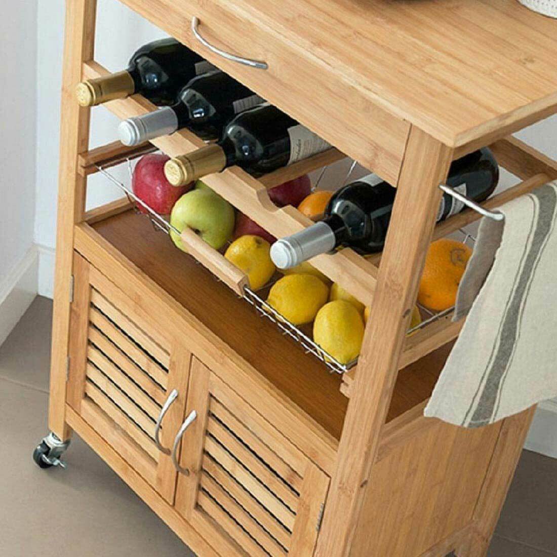 Carrello Cucina in legno BAMBU con Portabottiglie Cassetto Posate Cesto Acciaio