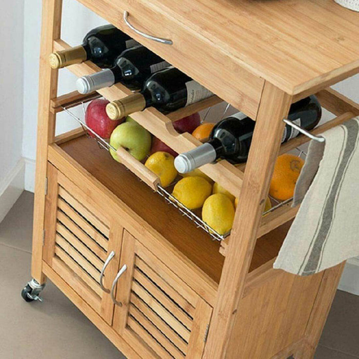 Carrello Cucina in legno BAMBU con Portabottiglie Cassetto Posate Cesto Acciaio