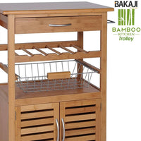 Carrello Cucina in legno BAMBU con Portabottiglie Cassetto Posate Cesto Acciaio