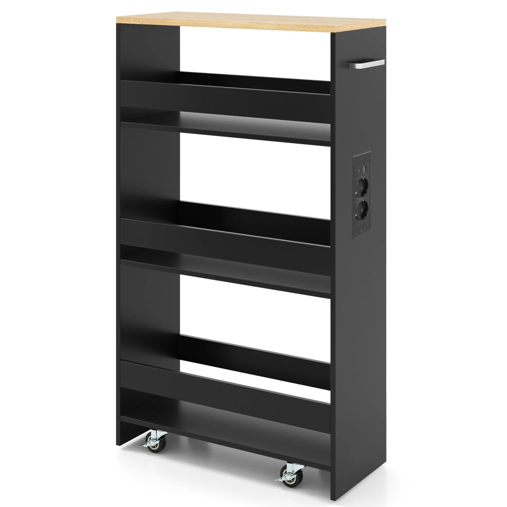 Carrello da cucina 4 ripiani con stazione di ricarica maniglia e parapetti-Scaffale stretto a sfilo con ruote bloccabili per cucina  Nero  20cm