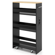 Carrello da cucina 4 ripiani con stazione di ricarica maniglia e parapetti-Scaffale stretto a sfilo con ruote bloccabili per cucina  Nero  20cm