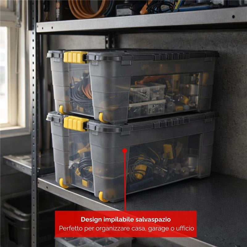 BOX CONTENITORE 40L CON COPERCHIO E RUOTE 59X39X27,4 CM GRAFITE TRASPARENTE/AMBRA – SCATOLA PORTAOGGETTI SALVASPAZIO CON ROTELLE PER CASA E RIPOSTIGLIO