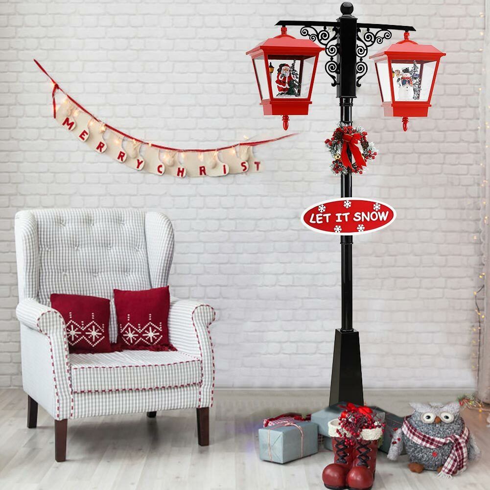 Lampione Natale con Luce LED Scena Natalizia Neve Motorizzata Musica 188cm Nero