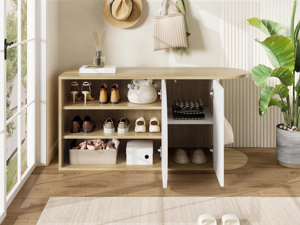 Scarpiera con 2 ante, apertura a pressione, per ingresso e corridoio, in truciolare, bianco naturale, 104 × 37 × 50 cm