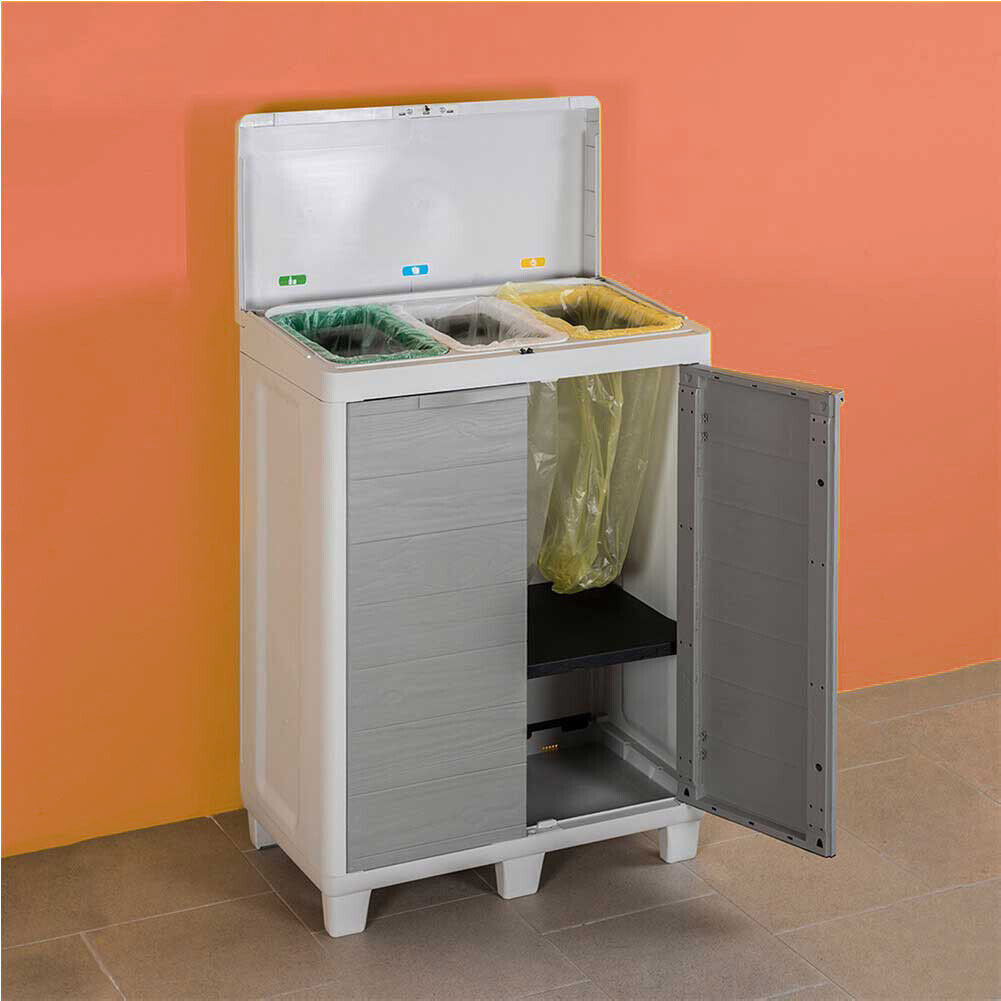 Mobile Pattumiera Raccolta Differenziata 3 Spazi 1 Ripiano 2 Ante Colore Grigio