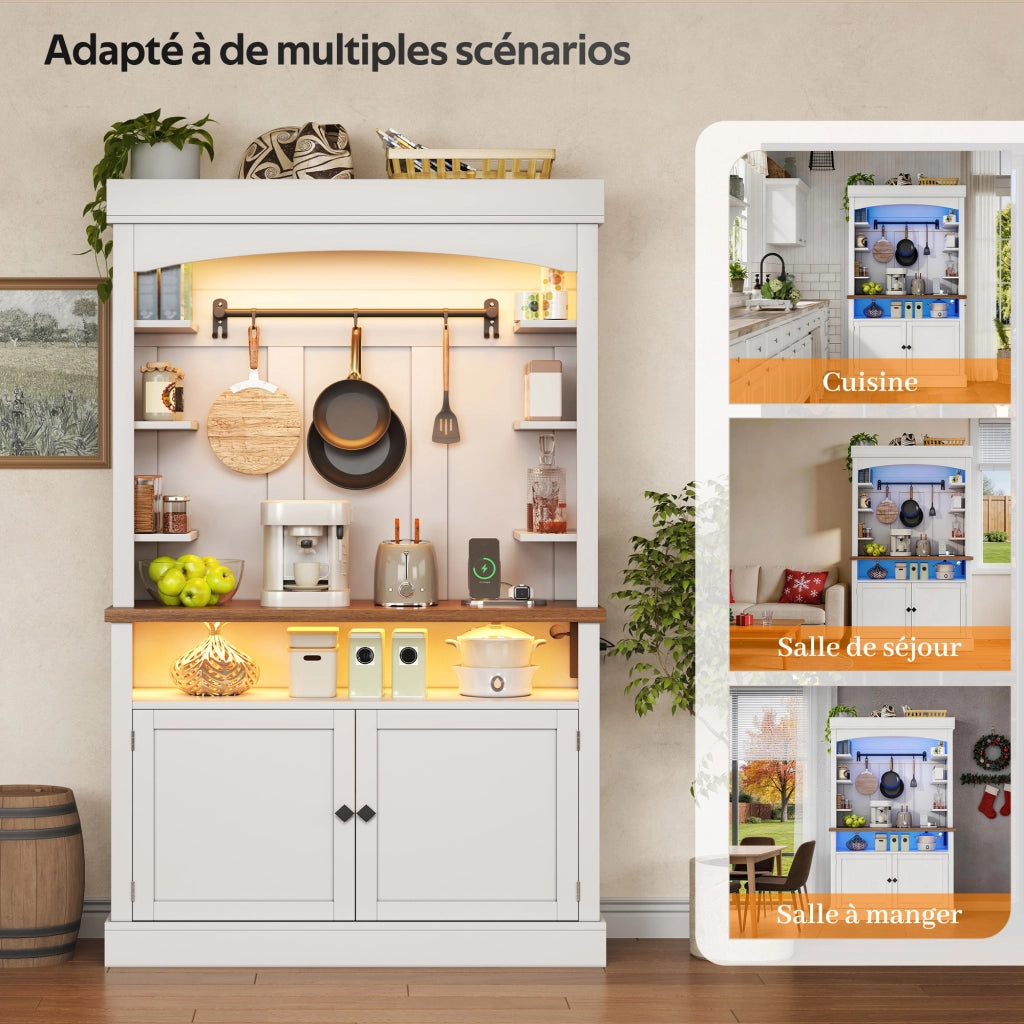 Dispensa alta con ripiani, LED RGB e presa integrata in MDF bianco per cucina e soggiorno 106 × 43 × 183 cm
