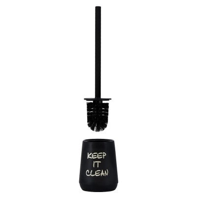 Portascopino da appoggio linea Wash in ceramica nero opaco con scritte