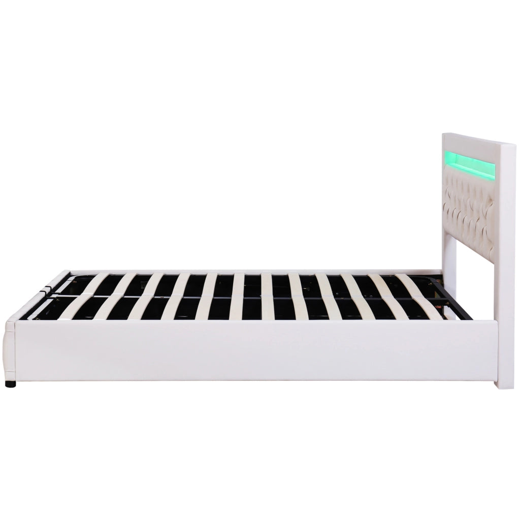 Letto imbottito 140x200 cm con contenitore; LED; rete a doghe; PU bianco