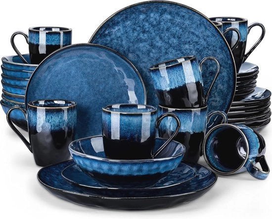 Servizio da 32 pezzi in ceramica blu con glaze reattiva per 8 persone - piatti da dessert e da pranzo, tazze e bicchieri.