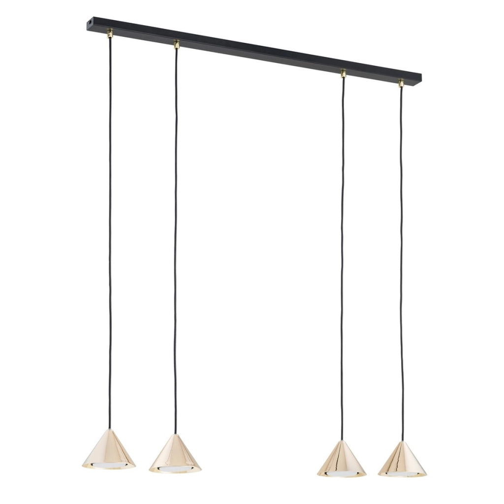 Lampada a sospensione ELIT con diffusori conici oro e struttura nera