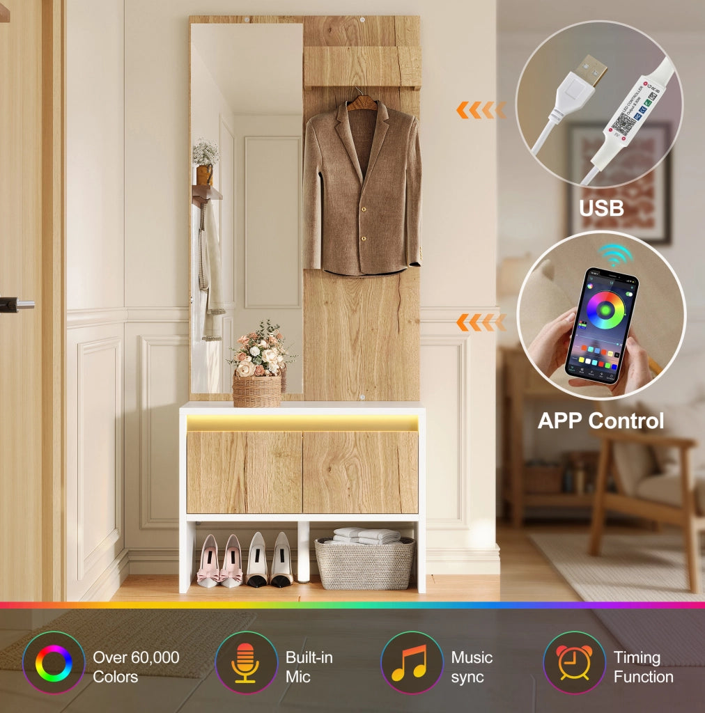 Set ingresso 3 in 1 con appendiabiti; specchio; panca porta scarpe e 2 cassetti; bianco e naturale