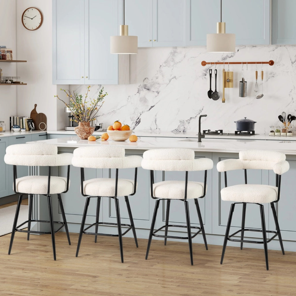 Sedie moderne imbottite in boucle con gambe in metallo e poggiapiedi per isola cucina, Set di 2 sgabelli da bar girevoli Bianco-Sgabelli da bar