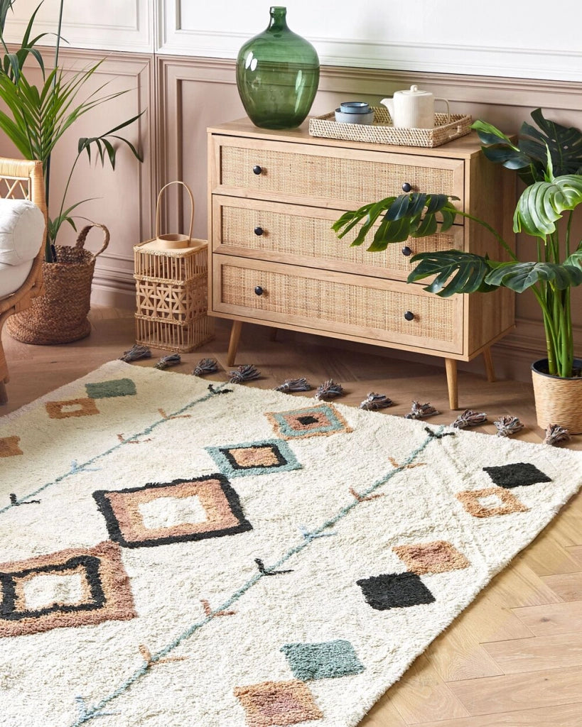 Tappeto rettangolare in cotone con nappe e motivo a diamante multicolore 140 x 200 cm soggiorno camera da letto