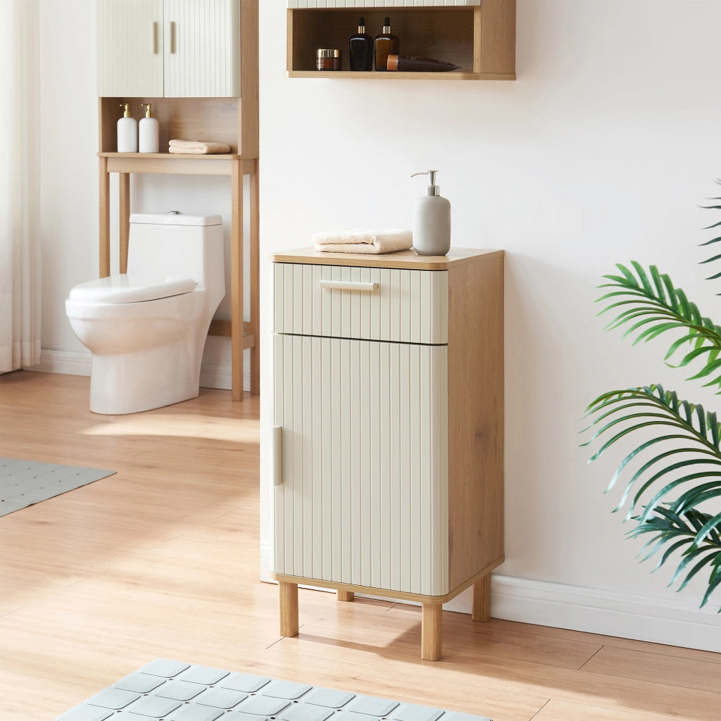 Mobile da Terra Ferrersp Armadietto per Bagno con Anta e Cassetto 80 x 40 x 35 cm - Effetto Rovere / Avena Oatmeal [en.casa]
