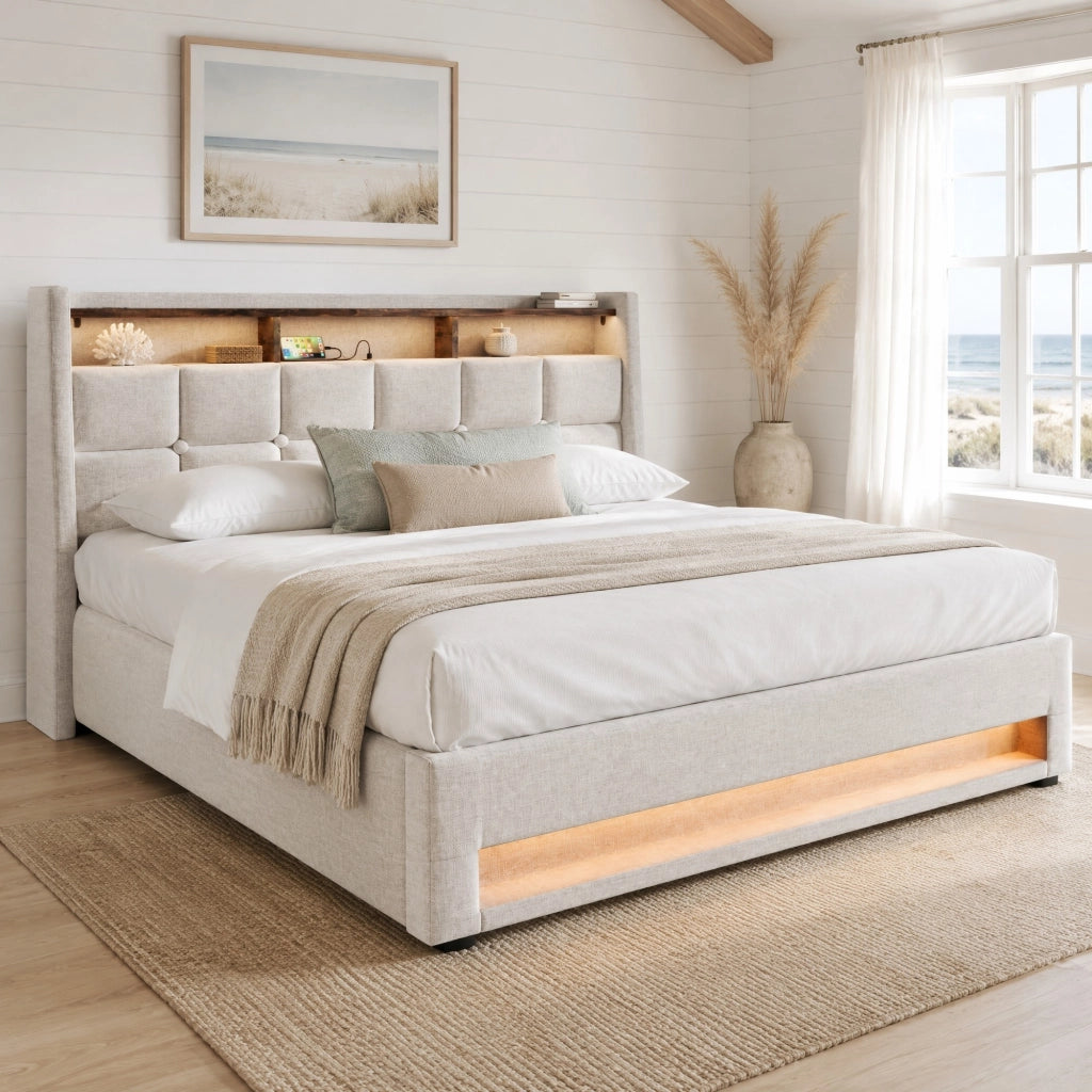 LETTO Contenitore 180x200 cm Beige in lino con USB e LED