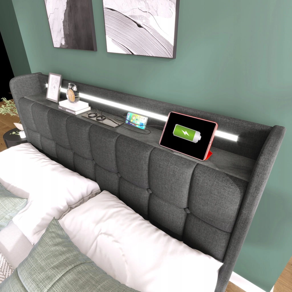 Letto imbottito con USB, LED e 4 cassetti - Xylo - 180x200 - Grigio
