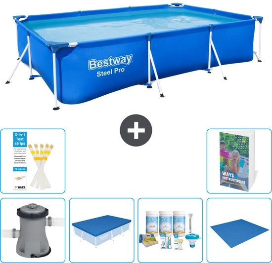 Piscina in Acciaio Reclinabile Pro - 300 x 201 x 66 cm - Blu - Inclusa Pompa Copertura - Kit di Manutenzione - Copertura del Fondo - 7 pezzi