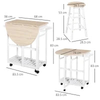 Carrello da Cucina Pieghevole, Mobile da Cucina Salvaspazio con 2 Sgabelli 2 Cassetti 5 Ruote (Rotazione 360°), Legno MDF Bianco
