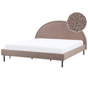 Letto matrimoniale in poliestere bouclè beige imbottito con base a doghe e testiera rotonda 180 x 200 cm minimalista retrò