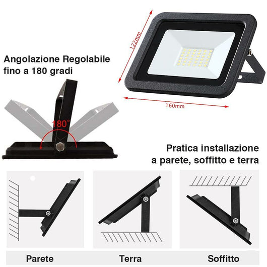 Faro Led 30W Luce Alta Luminosita 2550lm Faretto Esterno Slim Bianco Freddo IP65