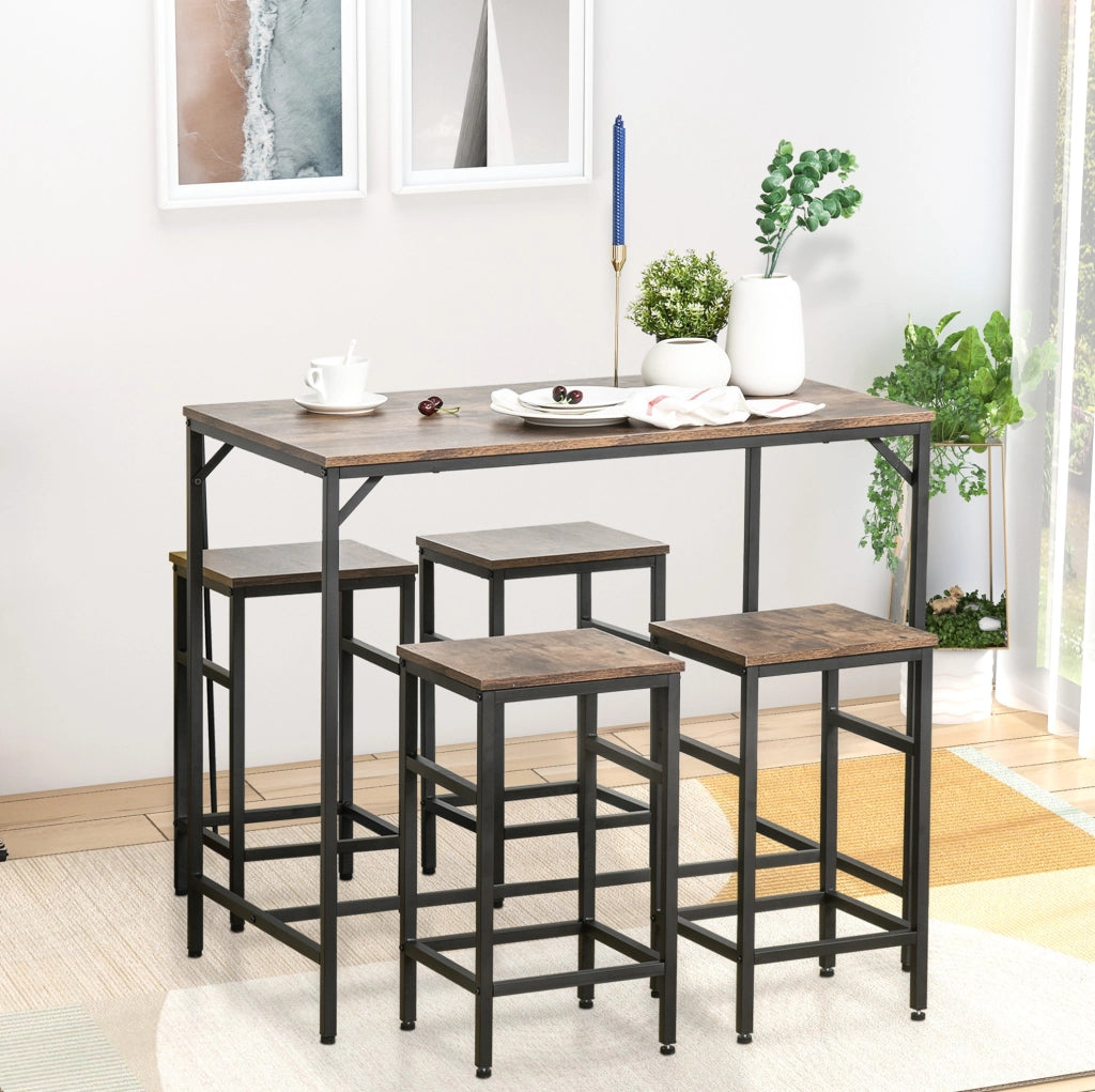 Set tavolo alto ULEVR 100x60x88 cm con 4 sgabelli, stile industriale marrone rustico e nero