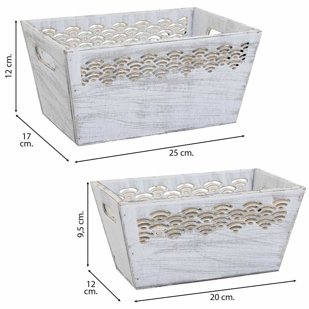 Set di 2 cesti in legno bianco 25x17x12h-20x12x9,5
