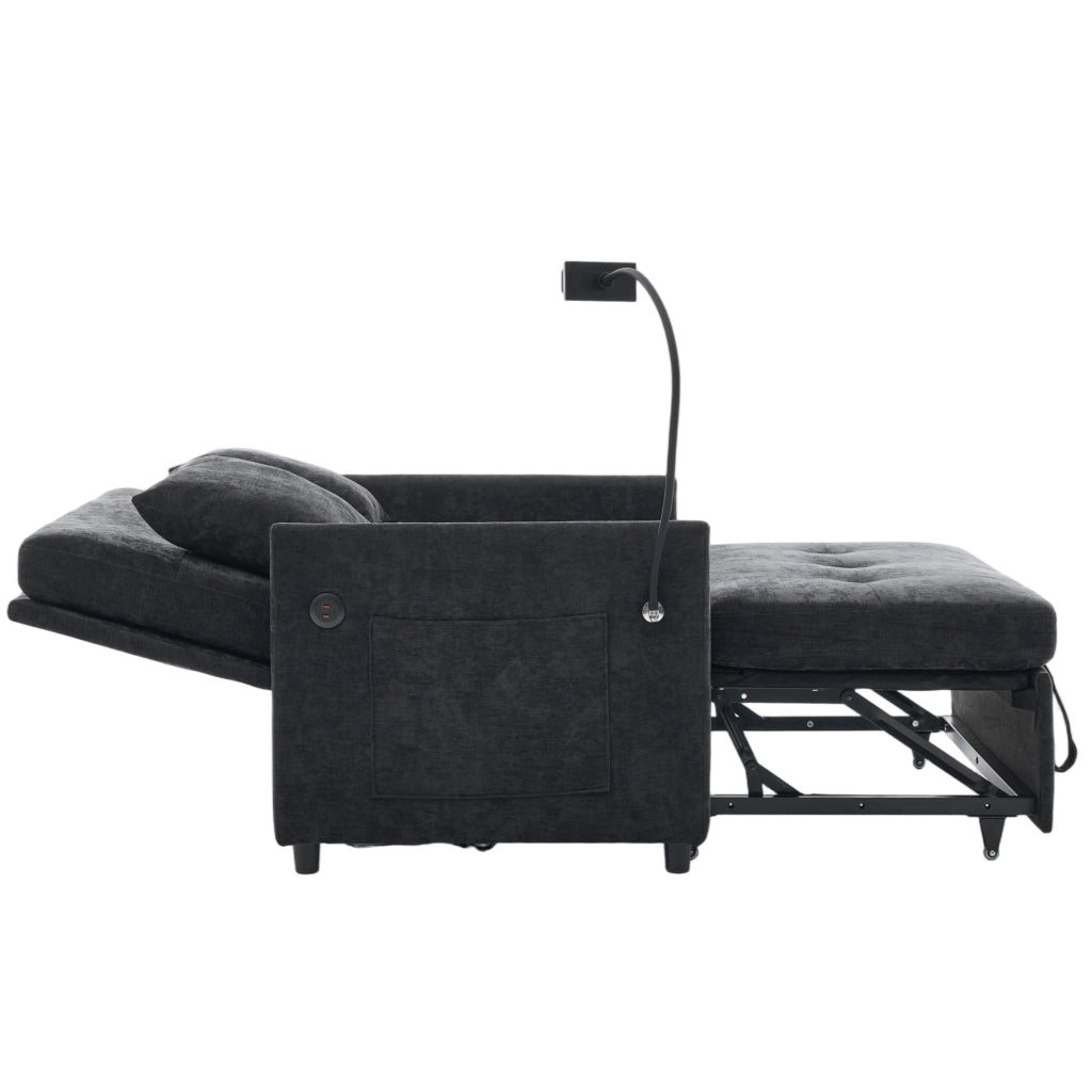 Divano convertibile moderno con porta USB e supporto tablet in tessuto effetto lino nero 109 × 72 × 83,5 cm