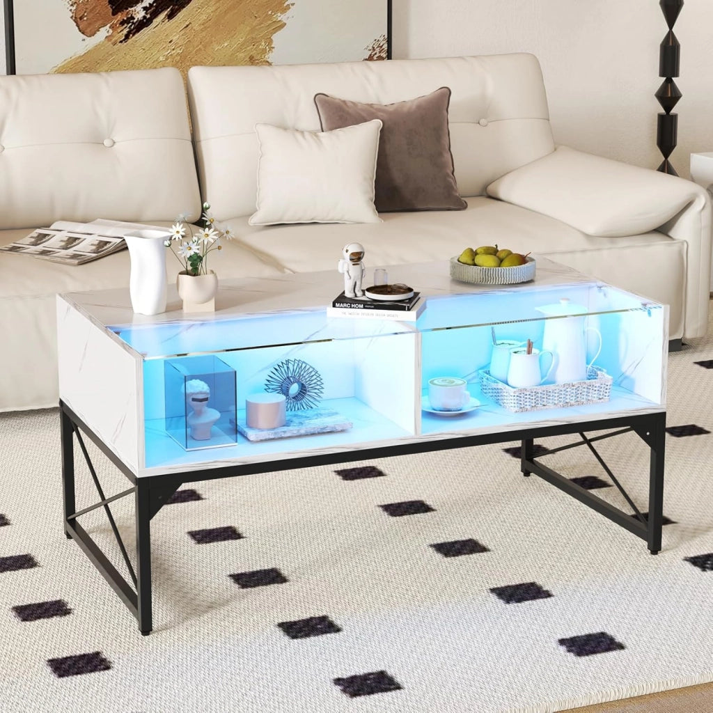 Tavolino da salotto moderno con luci a LED regolabili e 4 cubi, tavolo da salotto moderno con piano in finto marmo e vetro temperato, telecomando incluso, bianco/nero (bianco)