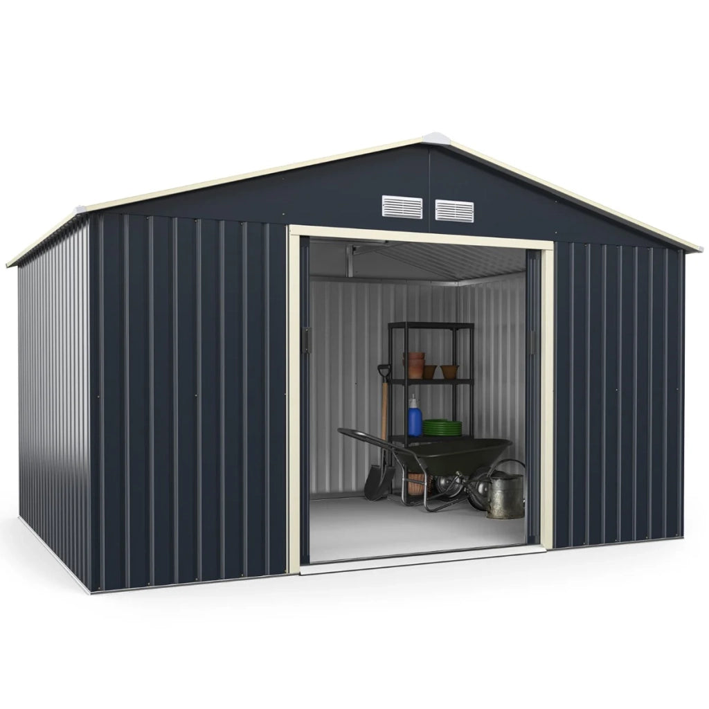 Casetta da giardino in metallo 340 x 255 x 210 cm sicura con 2 porte scorrevoli stile industriale lamiera di acciaio grigia 20_0020795