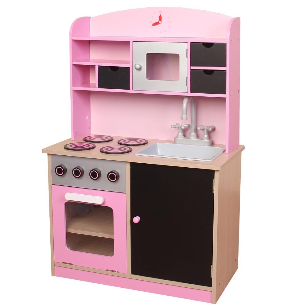 Cucina Legno Giocattolo per Bambini con Anta e Cassetti Lavagna 60x30x90cm Rosa