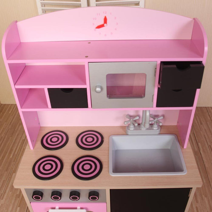 Cucina Legno Giocattolo per Bambini con Anta e Cassetti Lavagna 60x30x90cm Rosa
