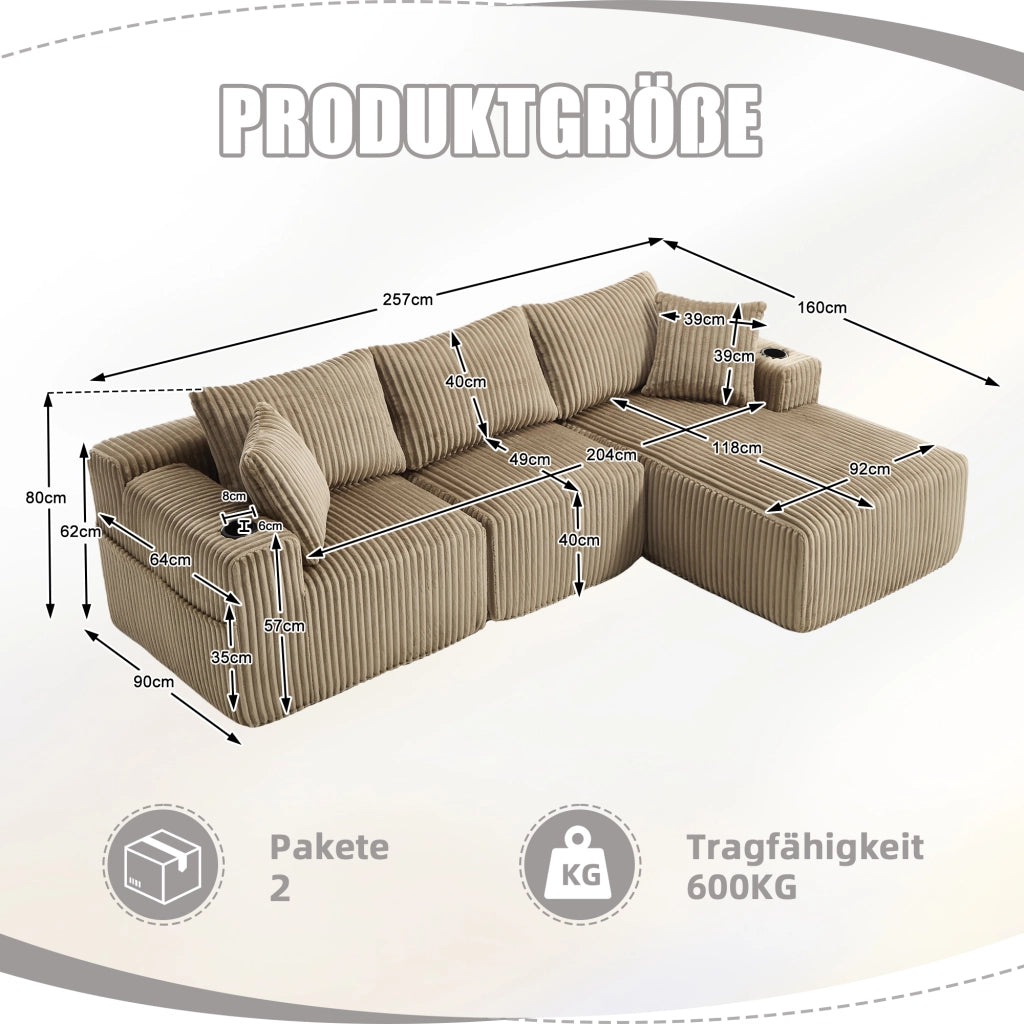 Canapé modulare con chaise longue e 2 posti con tasche laterali portabicchieri e 5 cuscini in velluto khaki