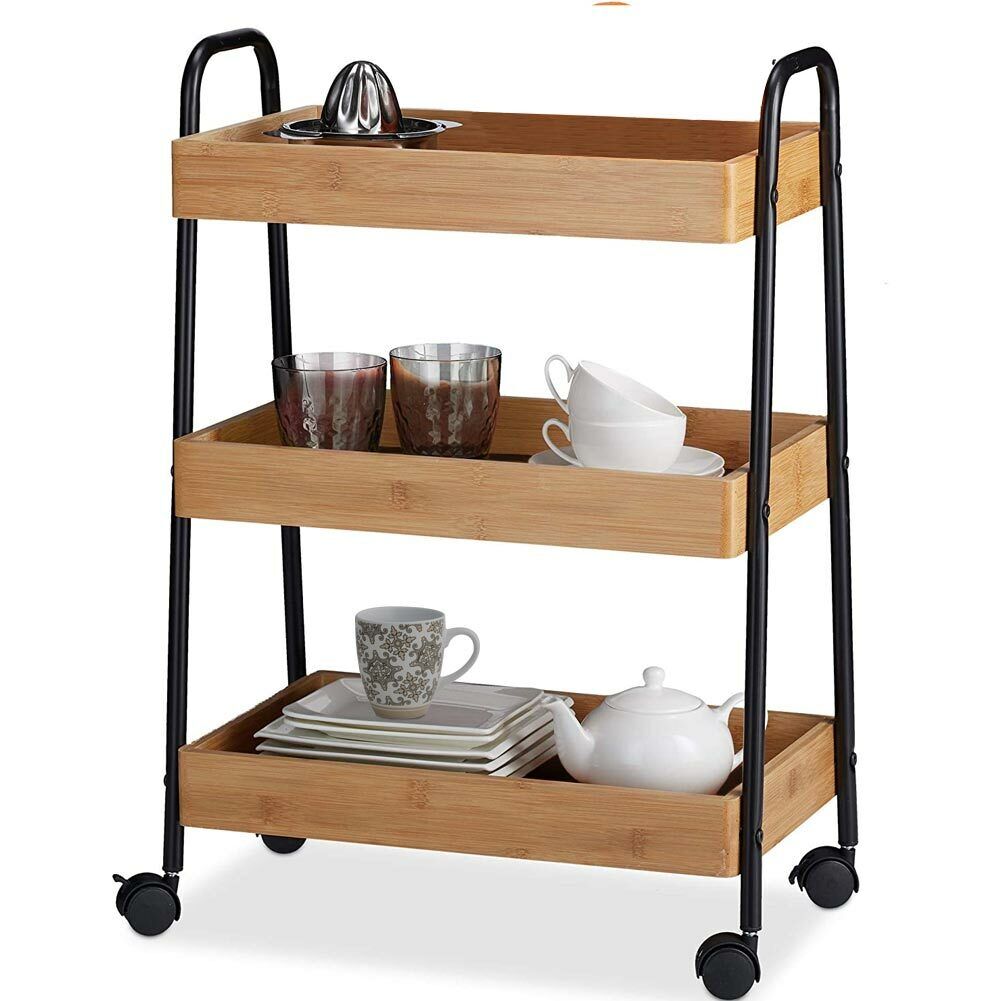 Carrello Trolley Cucina in Metallo 3 Ripiani in legno 4 Ruote Salvaspazio Nero