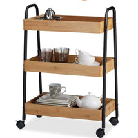 Carrello Trolley Cucina in Metallo 3 Ripiani in legno 4 Ruote Salvaspazio Nero